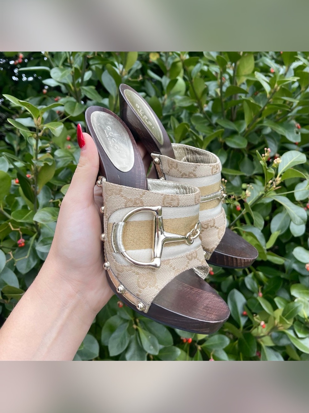 Gucci Beige Canvas Horsebit Slide Mules